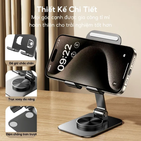 Giá đỡ điện thoại máy tính bảng kim loại trục xoay 360 độ, gấp gọn, chịu lực cao - Ảnh 3