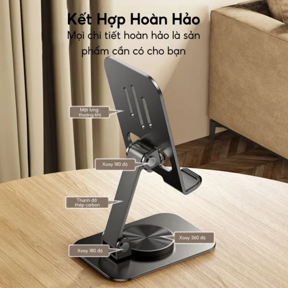 Giá đỡ điện thoại máy tính bảng kim loại trục xoay 360 độ, gấp gọn, chịu lực cao - Ảnh 4
