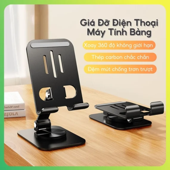 Giá đỡ điện thoại máy tính bảng kim loại trục xoay 360 độ, gấp gọn, chịu lực cao