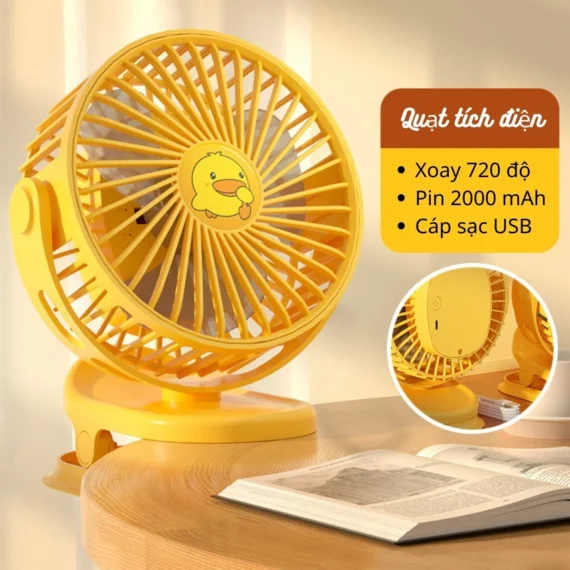 Quạt tích điện Vịt Vàng Xoay 720 độ, Kẹp bàn có thể treo mọi nơi, sạc bằng USB - Ảnh 2